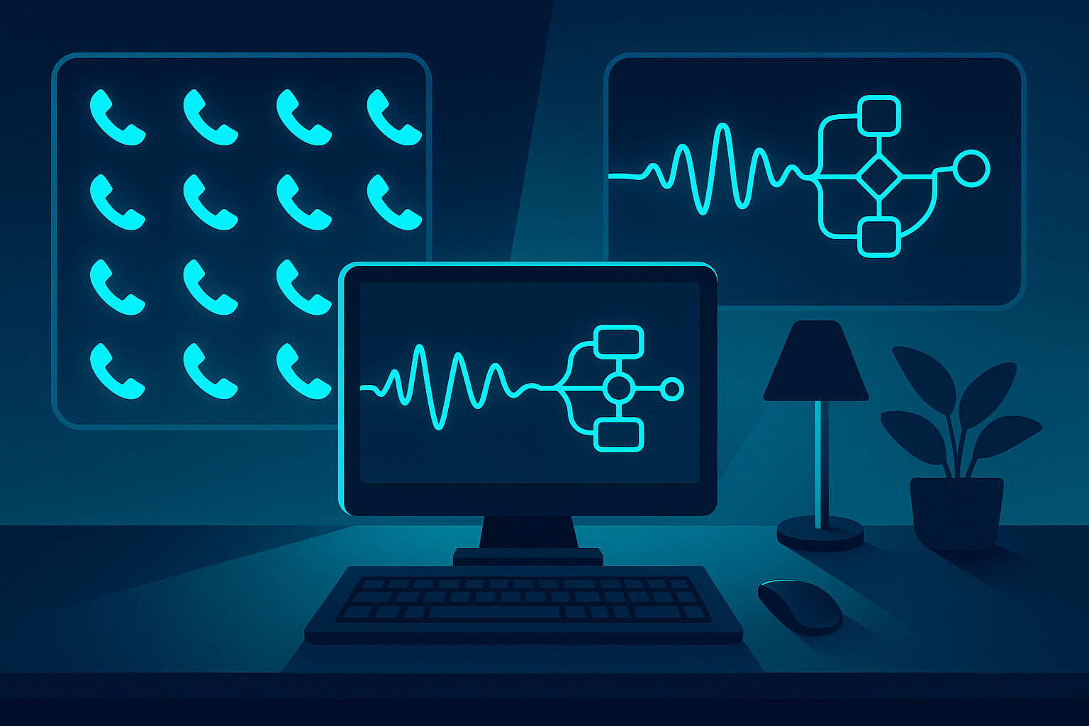 Modern flat illustration of a workspace with call icons and AI voice waveform diagrams in neon blue and cyan.