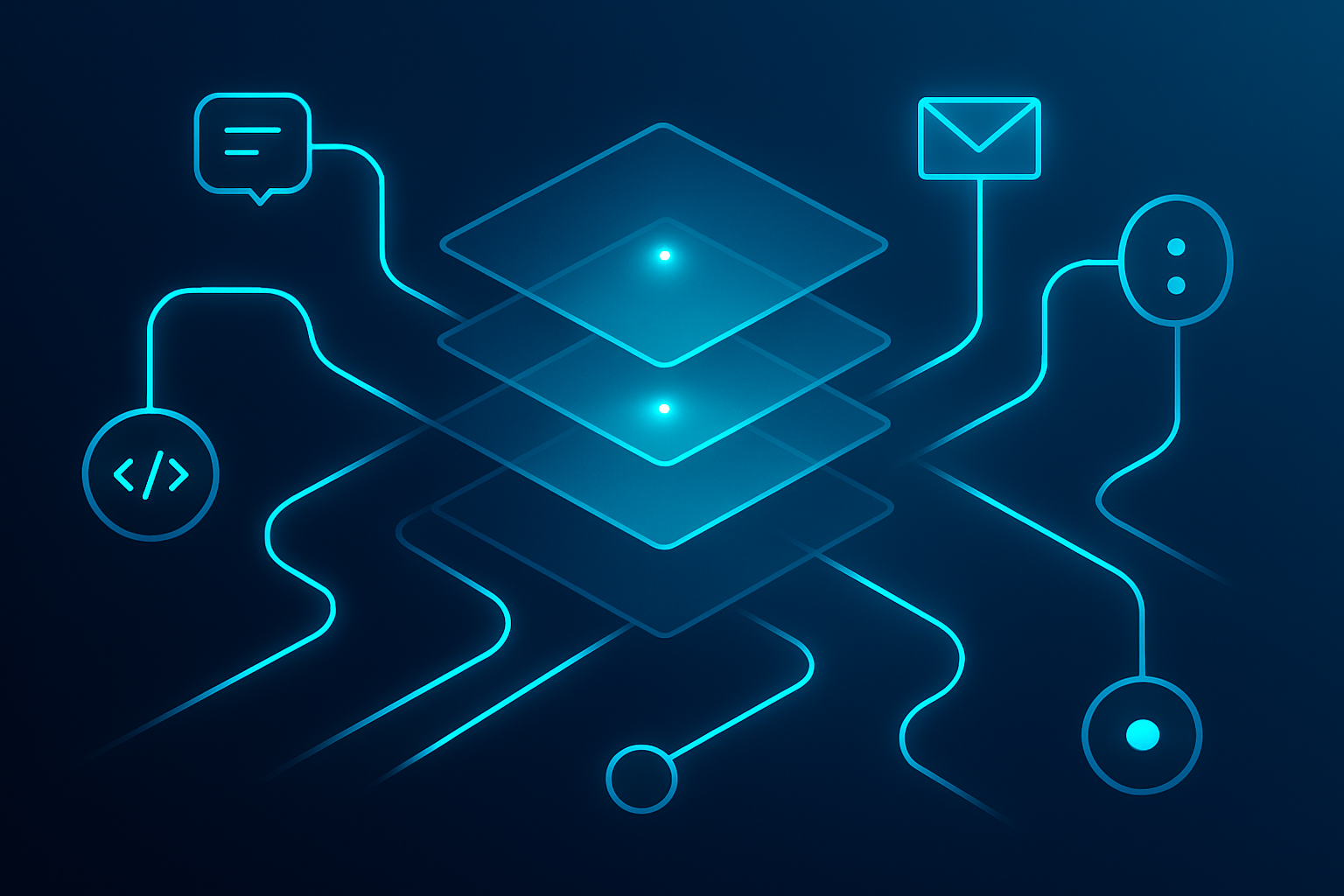 Modern high-tech circuit blueprint with glowing pathways, geometric stages, and floating icons.