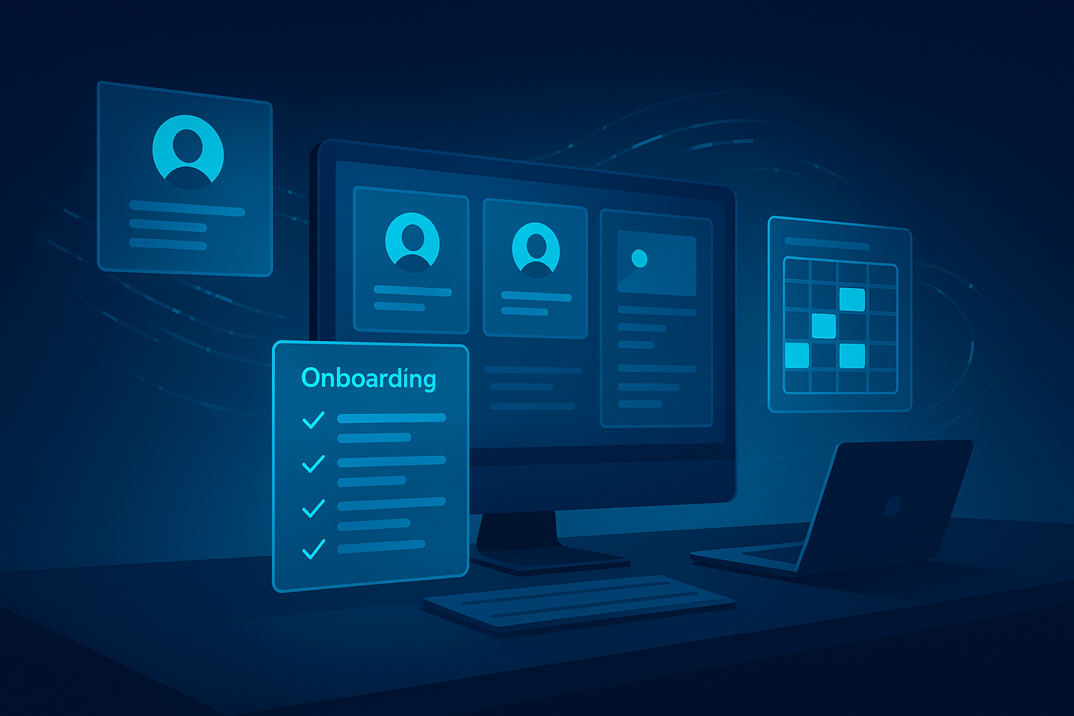 Modern neon-lit workspace with digital profiles, calendar, and onboarding checklist on translucent panels.