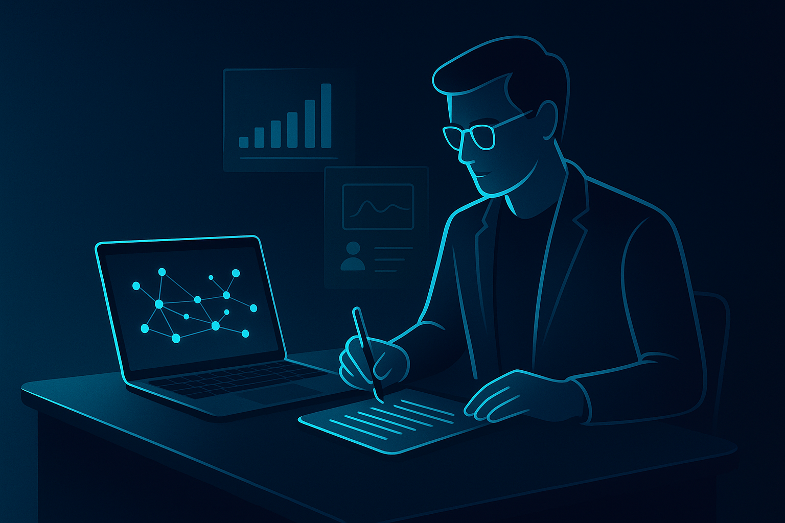 Modern professional reviewing digital notes beside glowing data streams and holographic charts.