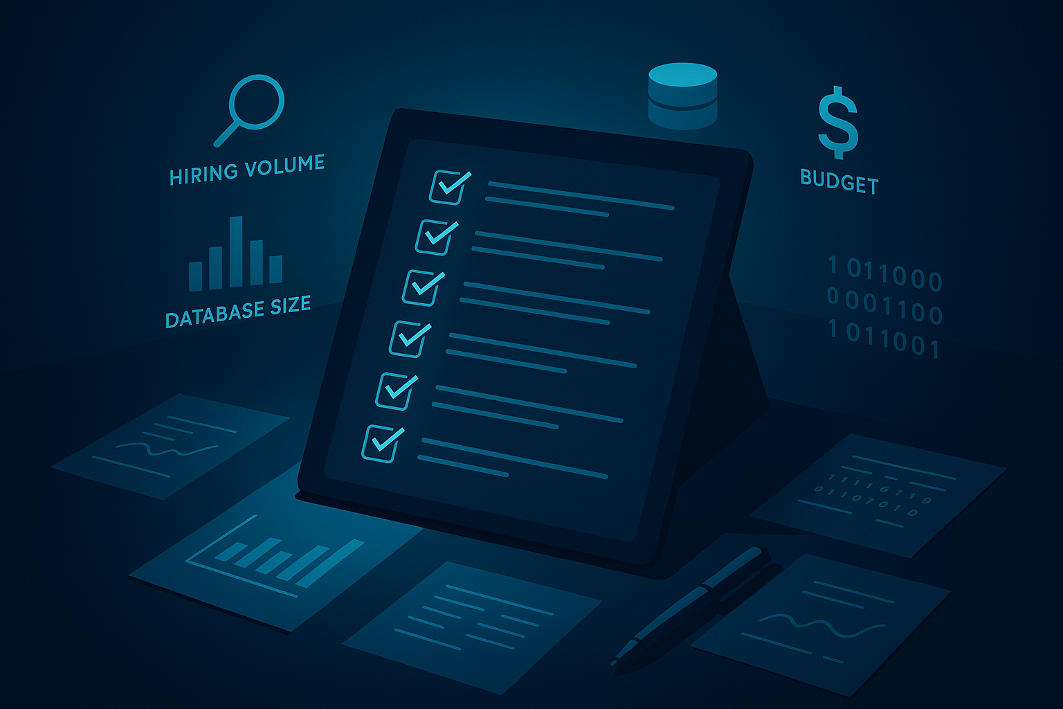 Modern tech workspace with digital checklist, data sheets, holographic icons, and neon glow.