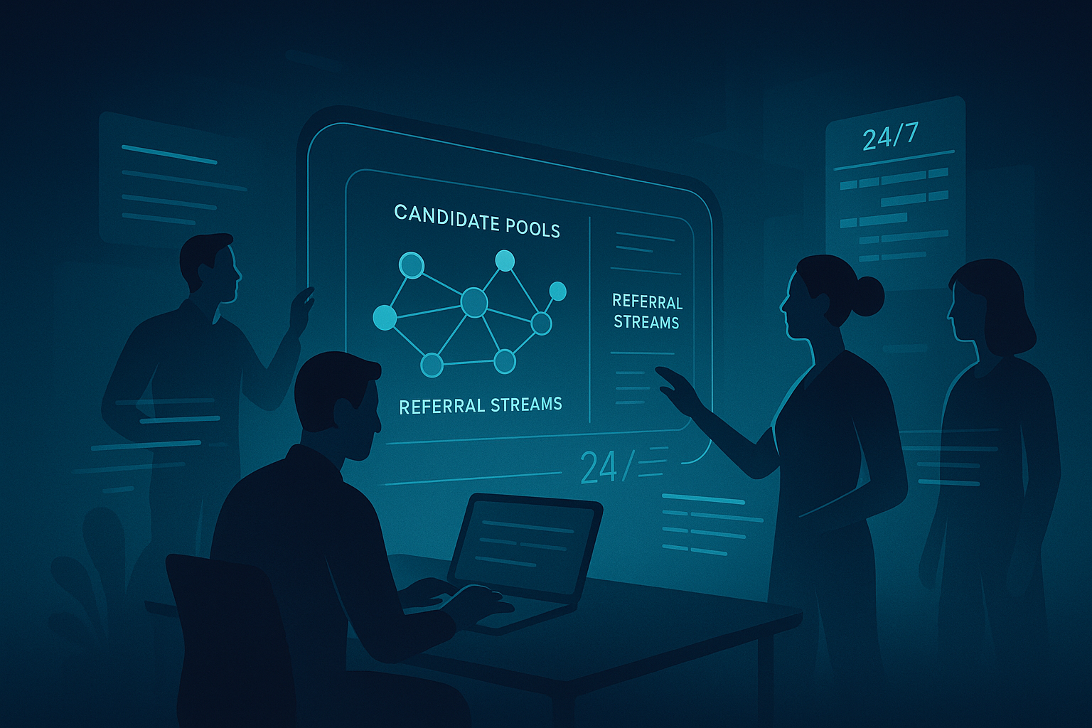 Modern tech workspace with digital dashboard, holographic data, and diverse professionals collaborating.