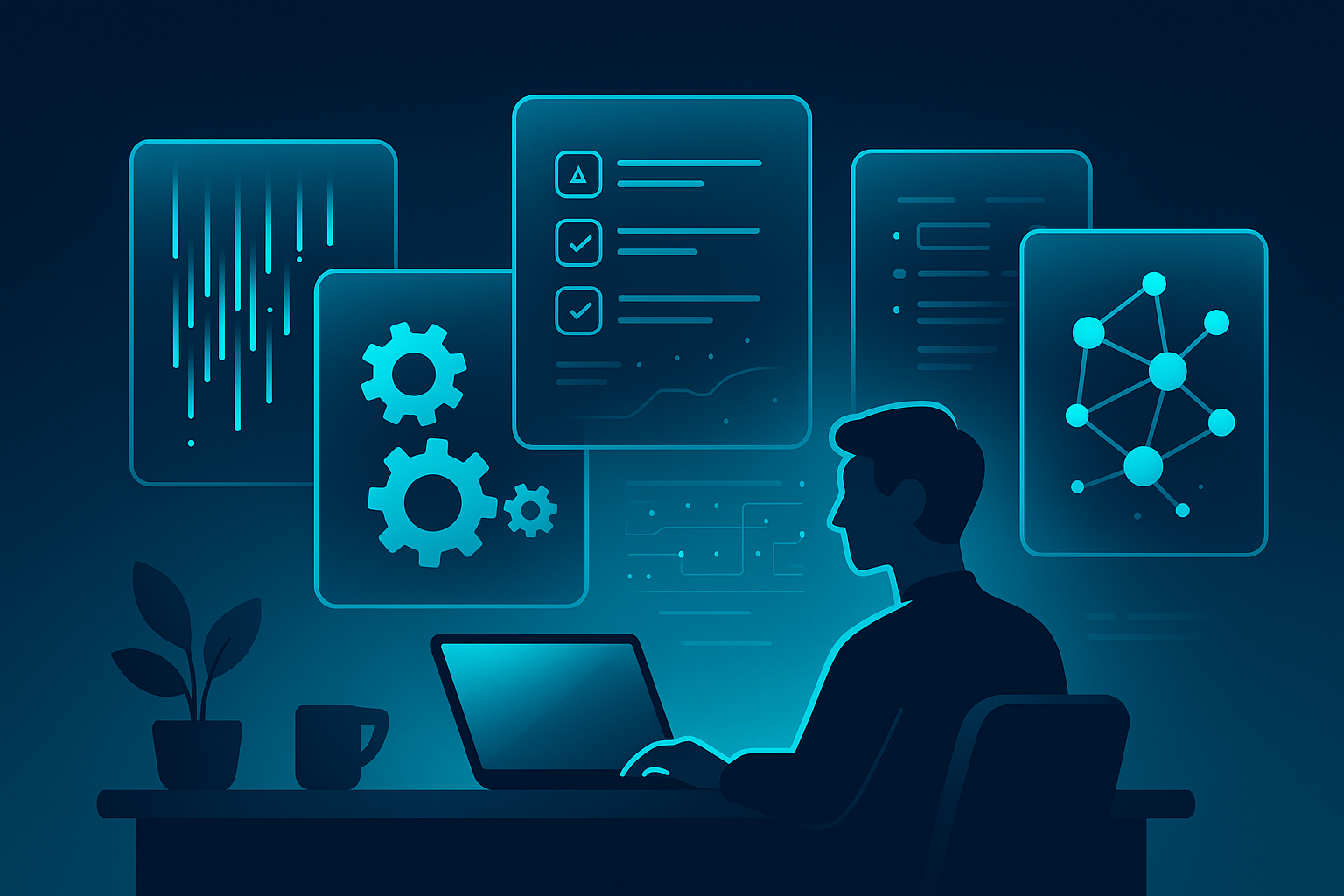 Modern tech workspace with five floating panels illustrating automation patterns and holographic interface.