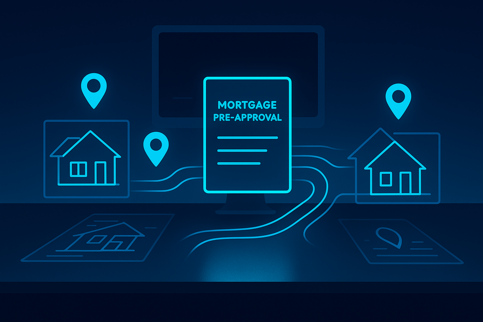 Modern tech workspace with floating digital blueprints, documents, location pins, and data streams.