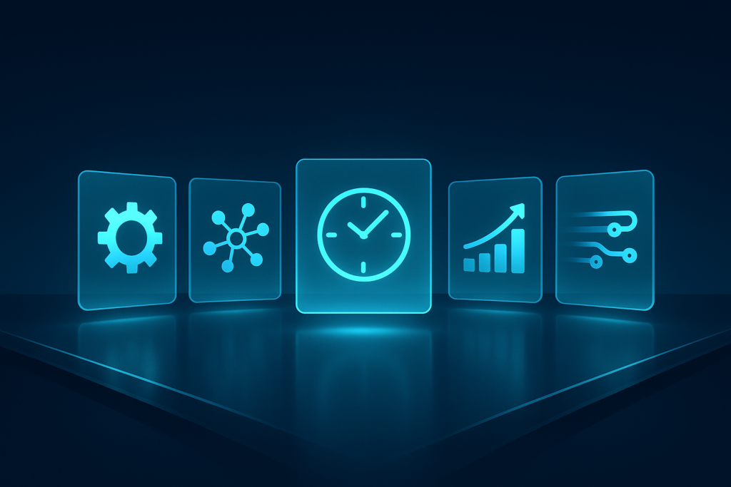 Modern tech workspace with floating holographic panels displaying automation, AI, time, productivity, and data symbols.
