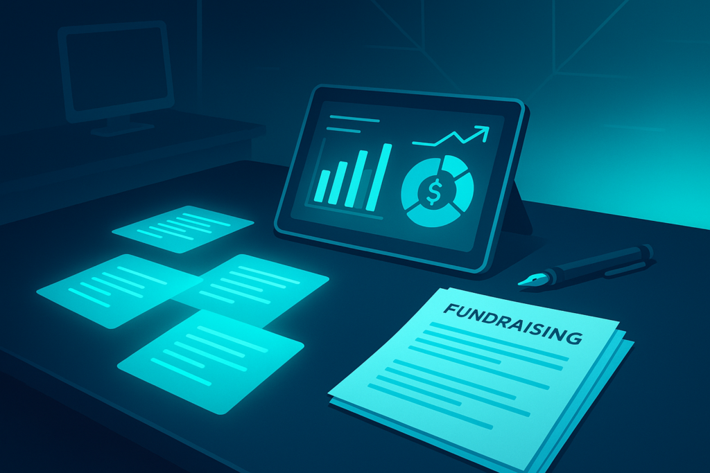 Modern tech workspace with glowing data sheets, tablet, reports, and neon blue highlights.