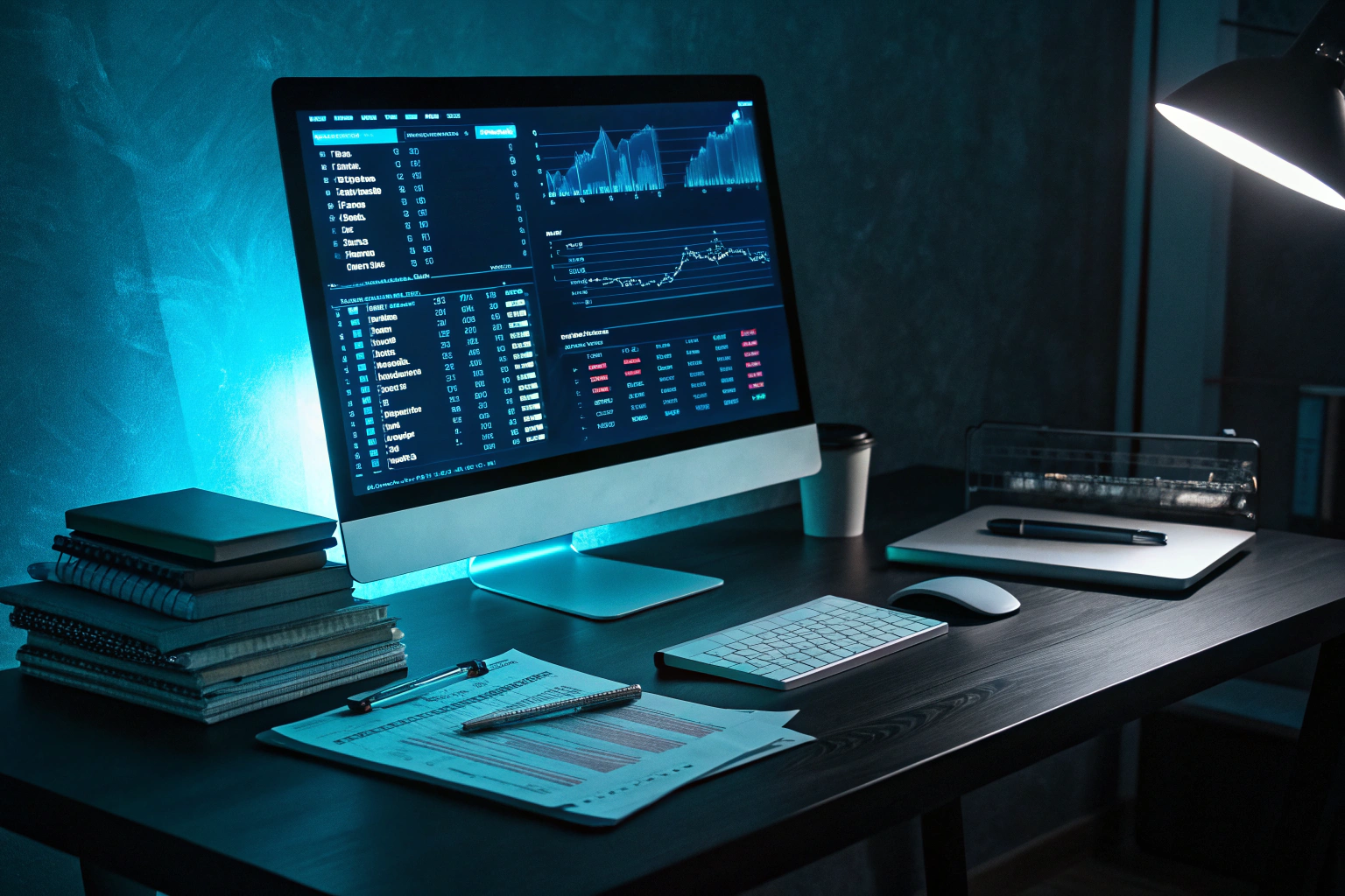 Modern tech workspace with glowing data streams, screens, papers, and a calendar in neon blue tones.