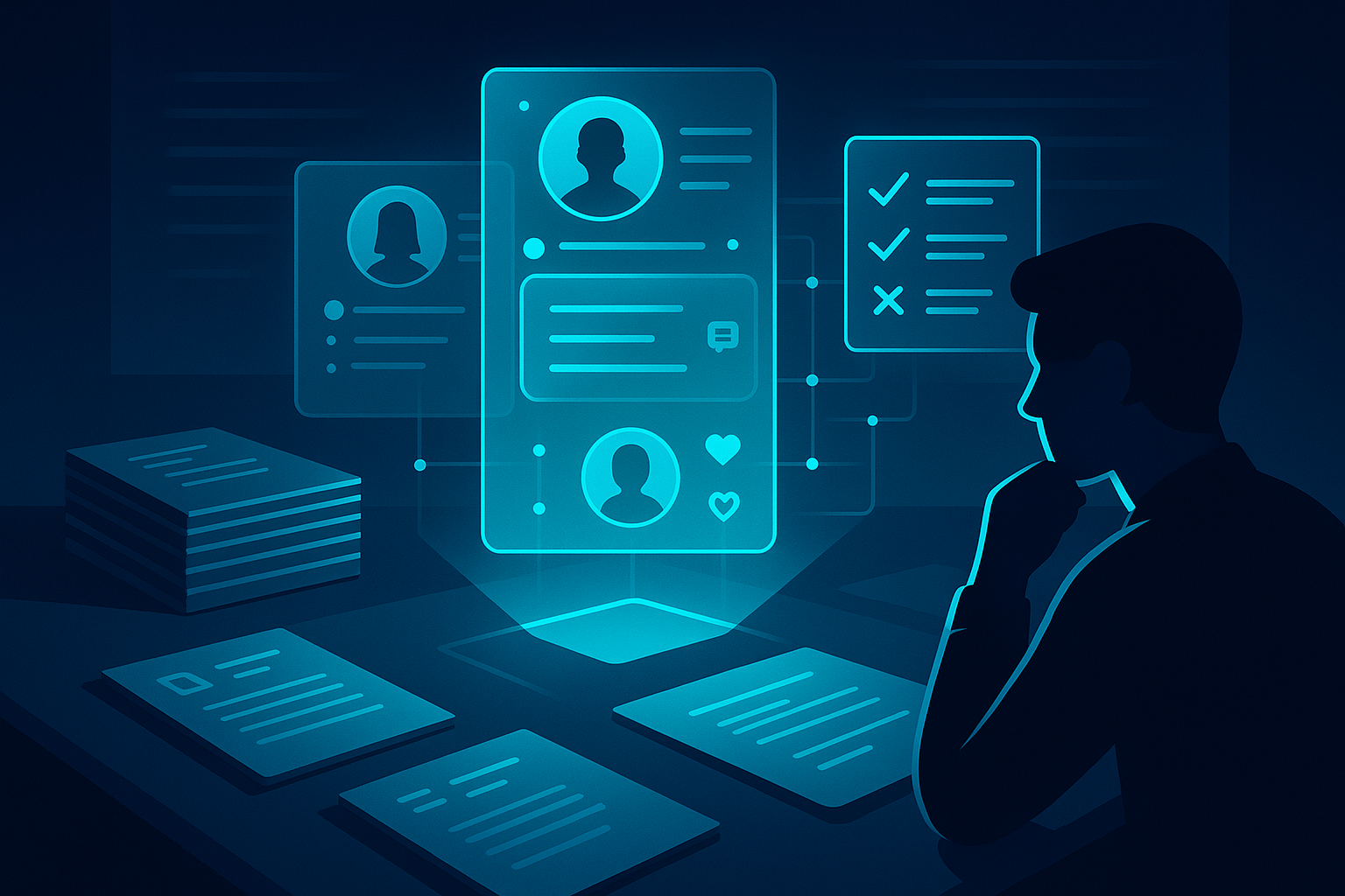Modern tech workspace with holographic candidate profiles, digital resumes, and recruiter analyzing data.