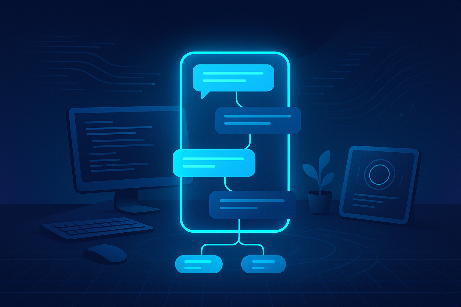 Modern tech workspace with holographic chat interface, data streams, and digital blueprint grid.