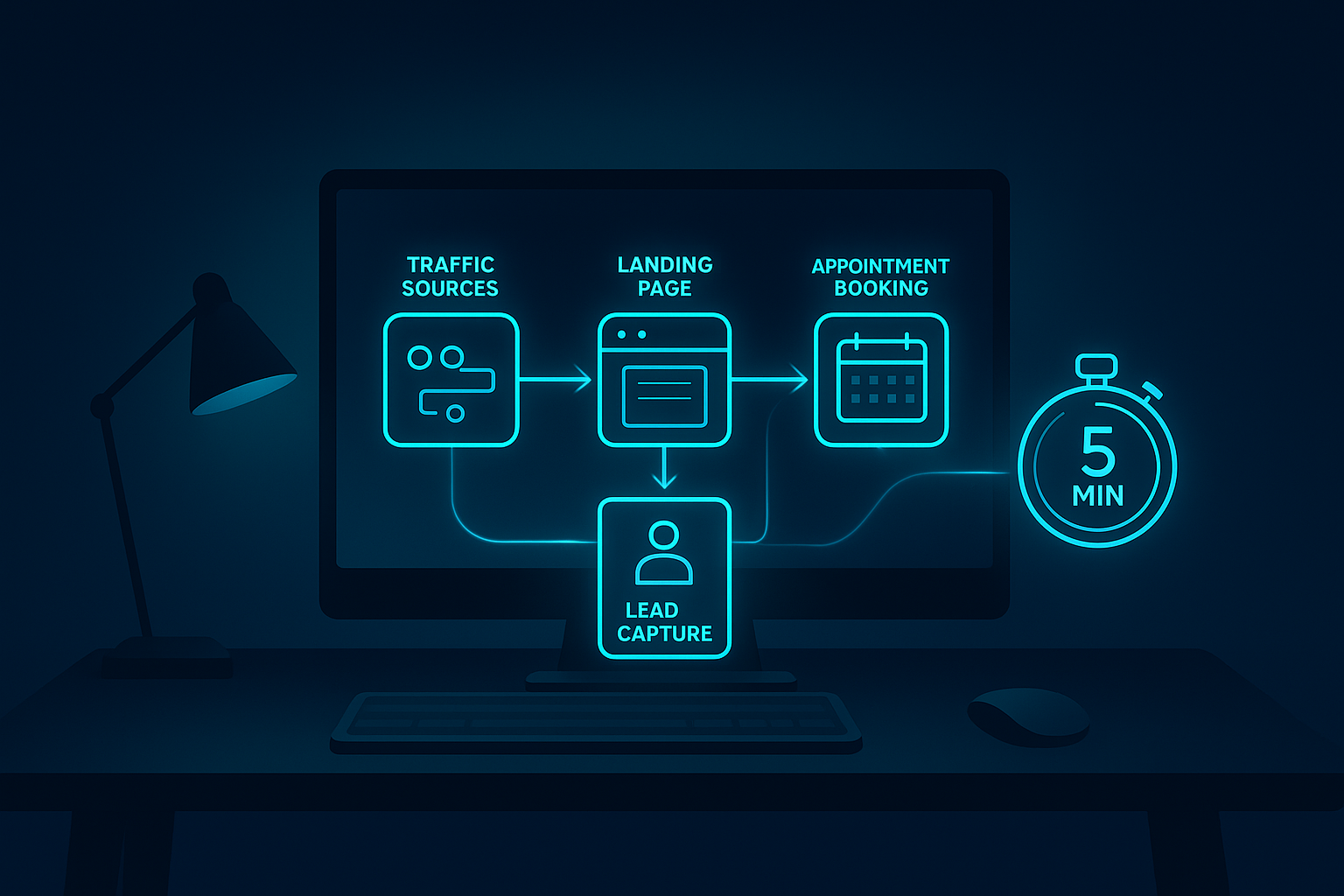 Modern tech workspace with holographic flowcharts, stopwatch, and glowing light trails.
