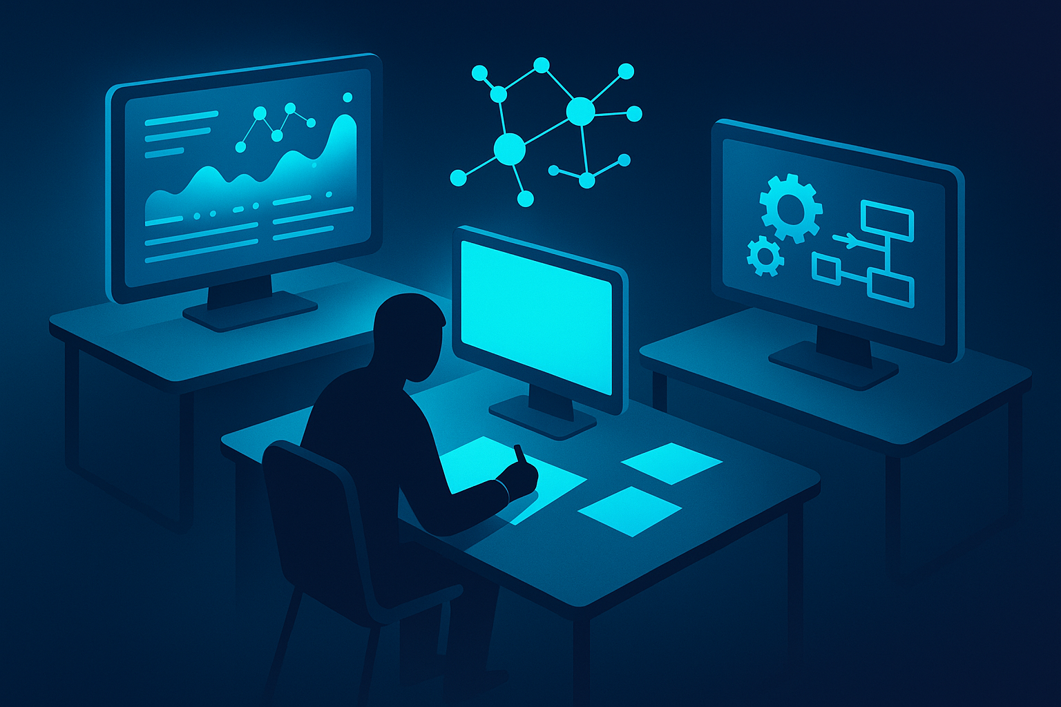 Modern tech workspace with interconnected desks, digital dashboard, human notes, and automation symbols.