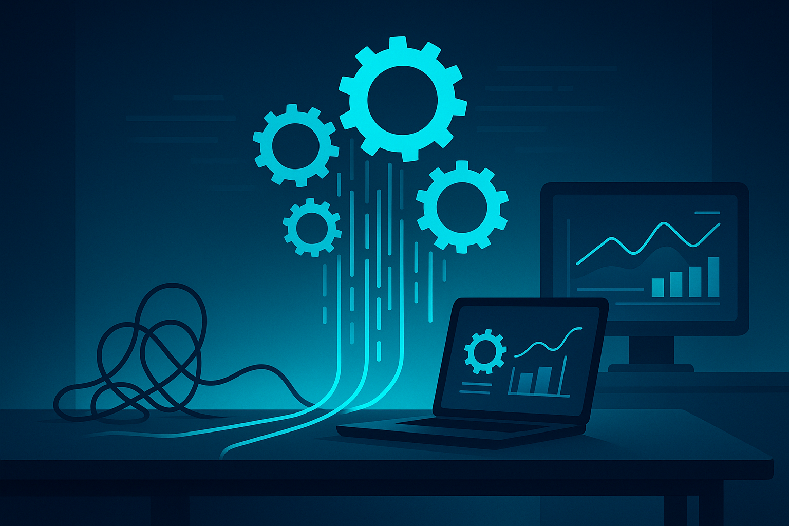 Modern tech workspace with interconnected gears, data streams, and automated flow visuals in neon blue hues.