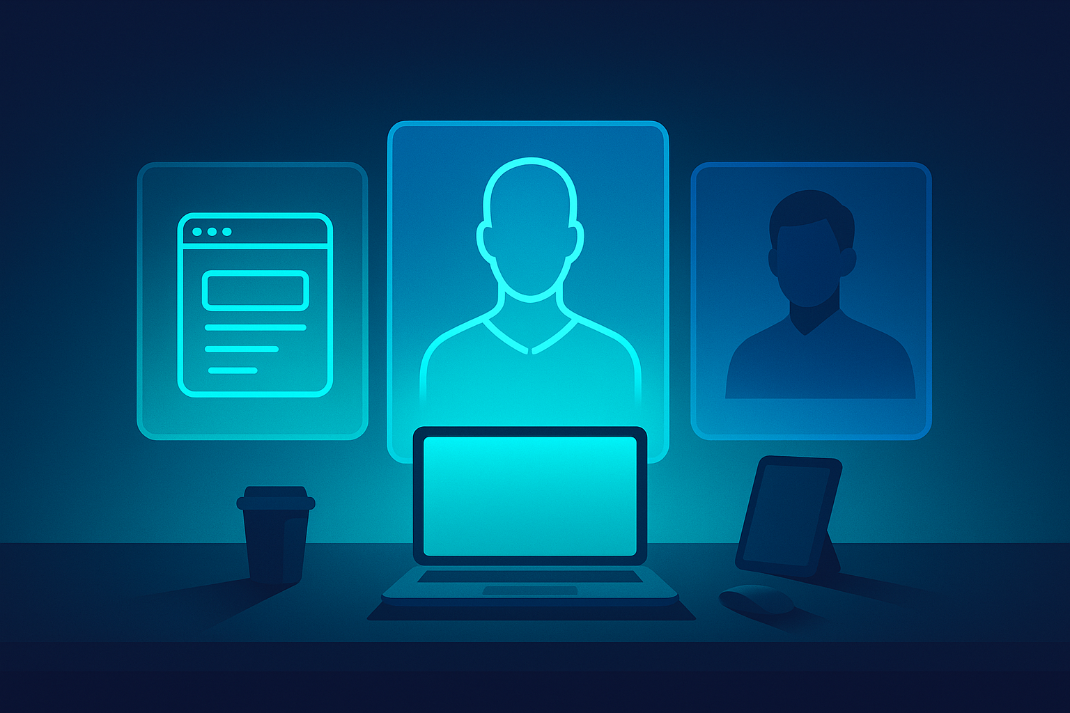 Modern tech workspace with layered digital panels showing interest, qualification, and loyalty stages.
