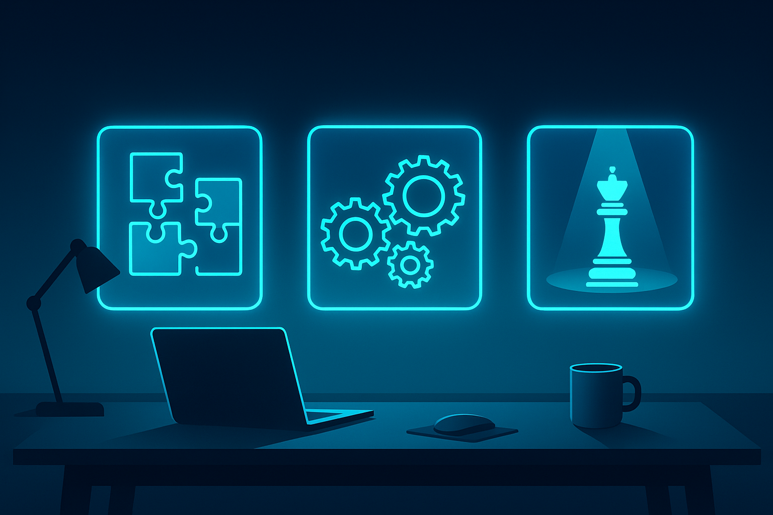 Modern tech workspace with three glowing holographic panels depicting recruitment concepts with cyan neon highlights.