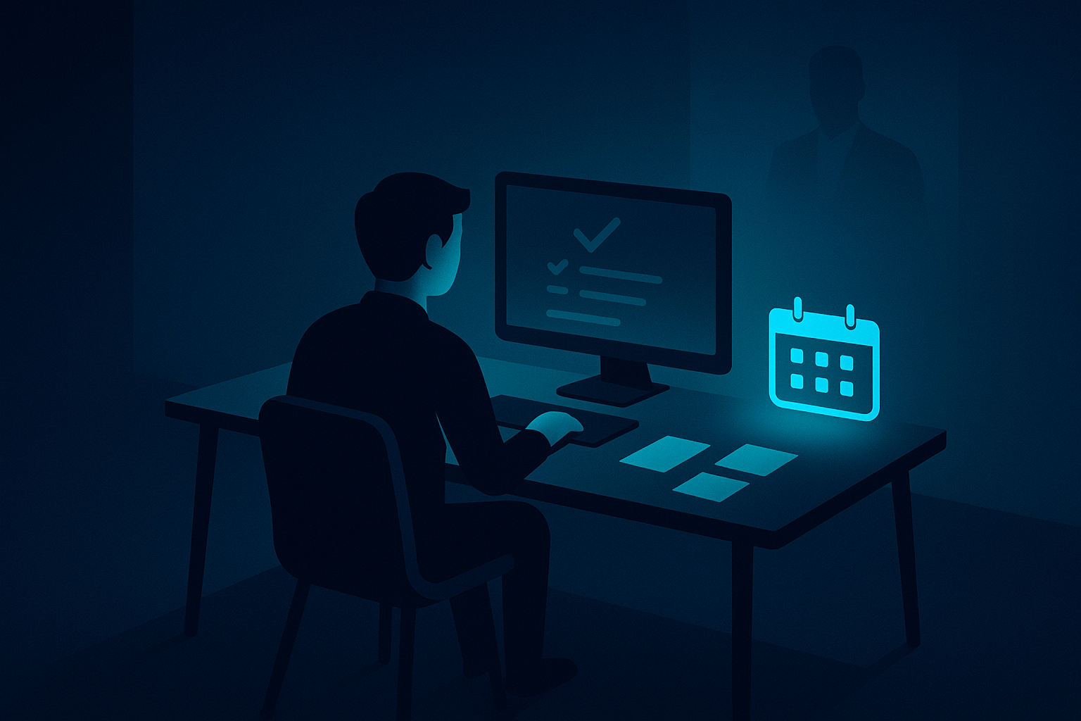Modern workspace with a seated figure, digital calendar, notes, and shadowed screen in blue and cyan tones.