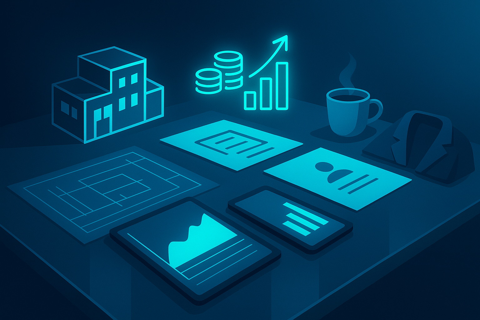 Modern workspace with blueprints, digital tablets, architectural models, resumes, coins, and coffee on a dark blue gradient background.