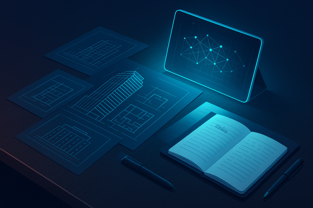 Modern workspace with blueprints, holographic data, and a pen on a dark wood desk.