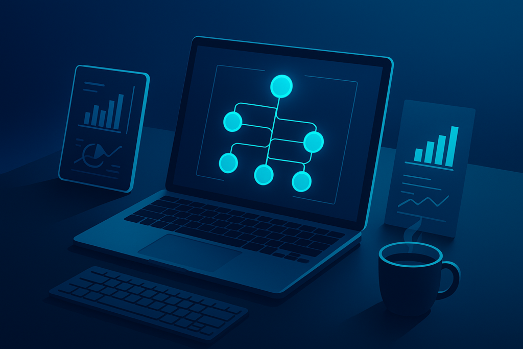 Modern workspace with digital blueprint, data charts, keyboard, and coffee on dark desk.