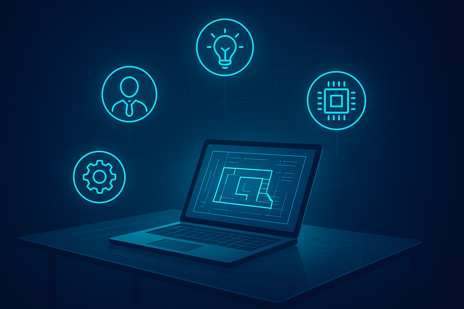 Modern workspace with digital blueprint, holographic icons, neon glow, and data streams.