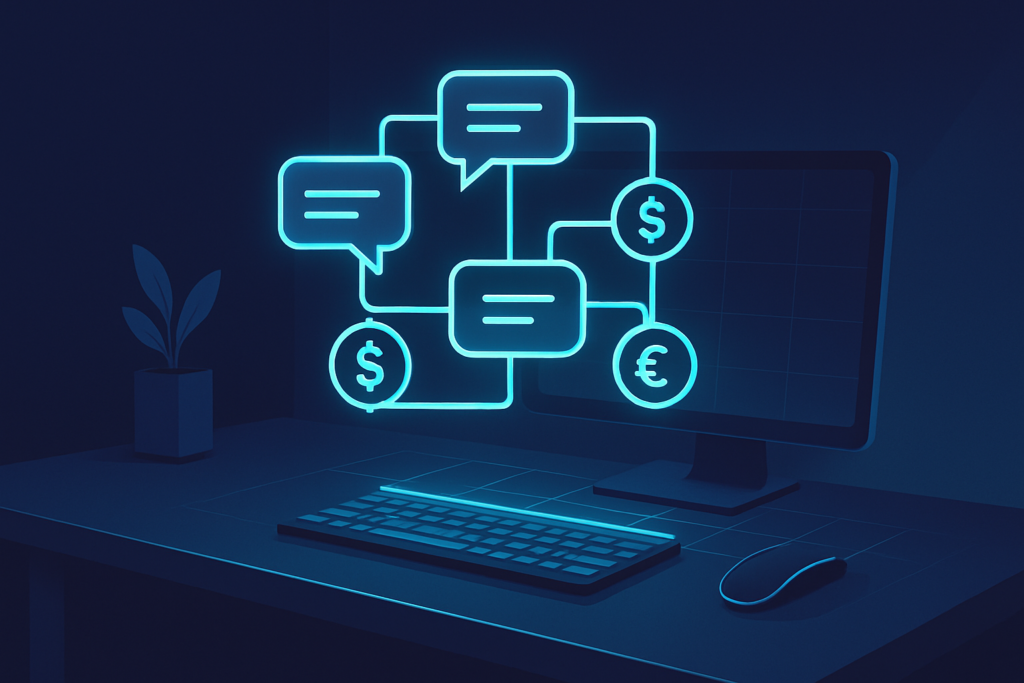 Modern workspace with digital blueprint of chat bubbles, currency symbols, and sleek tech gadgets.