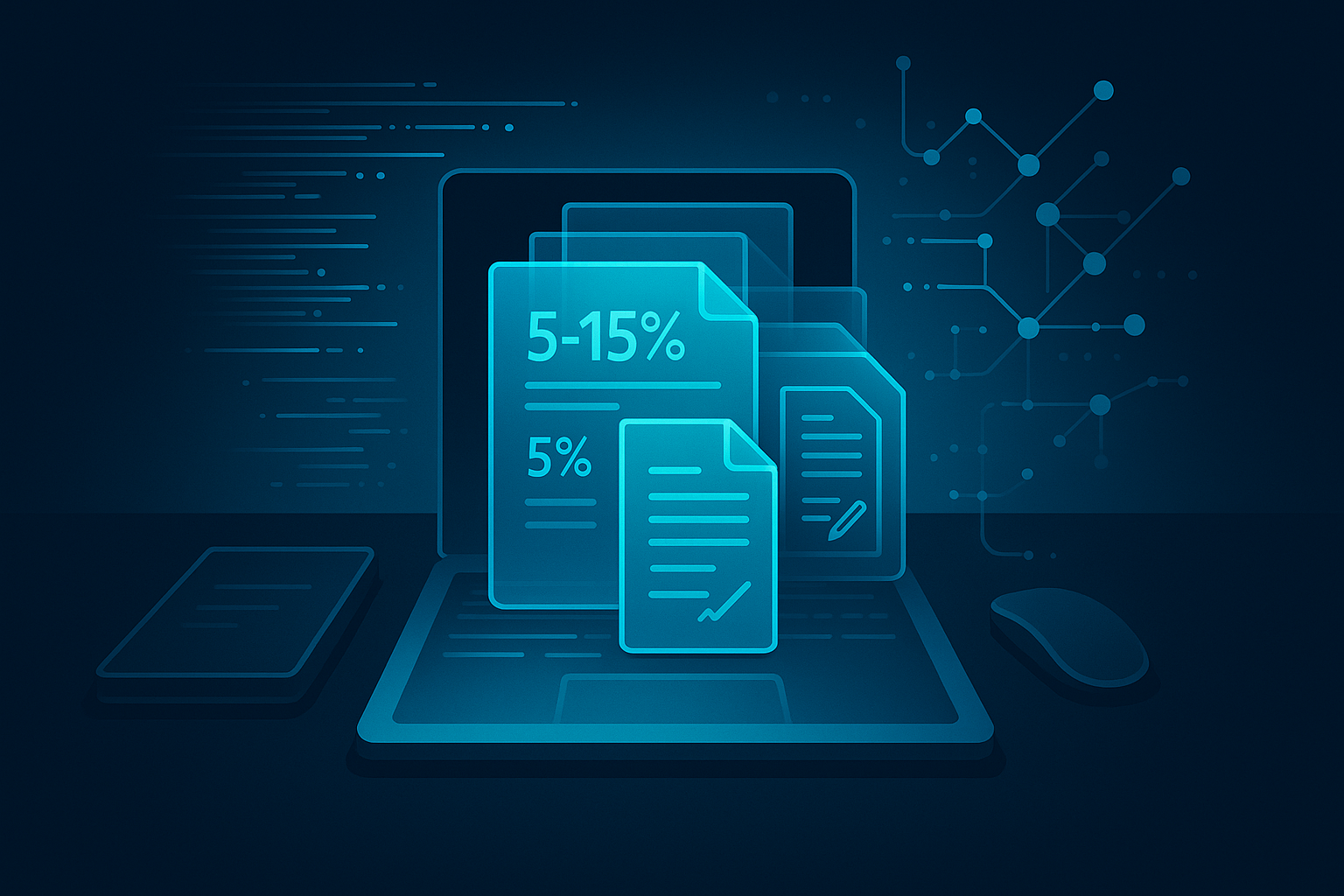Modern workspace with digital blueprints, data streams, and interconnected nodes in neon blue and cyan.