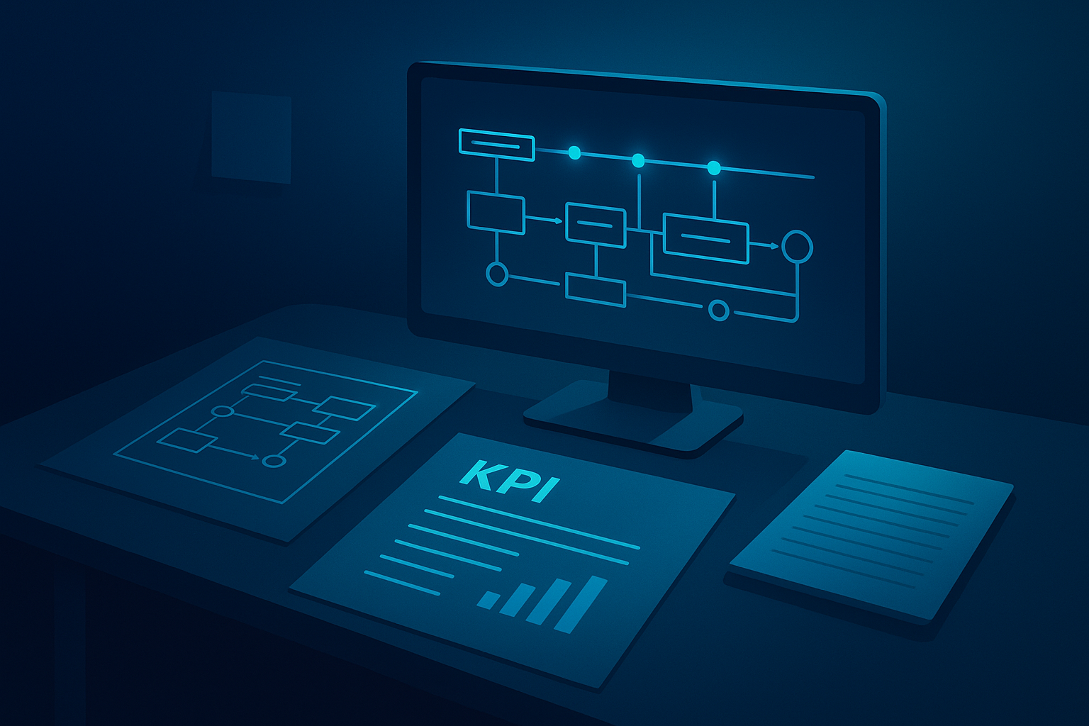 Modern workspace with digital blueprints, flowcharts, and KPI metrics illuminated by neon blue and cyan.