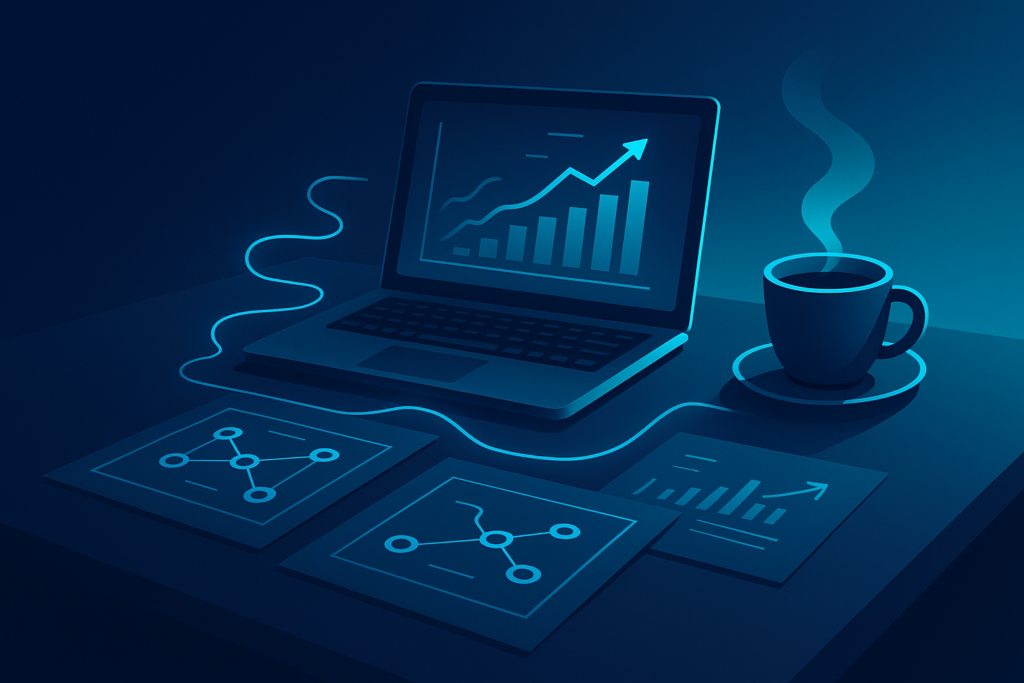 Modern workspace with digital blueprints, holographic charts, and coffee under neon glow.