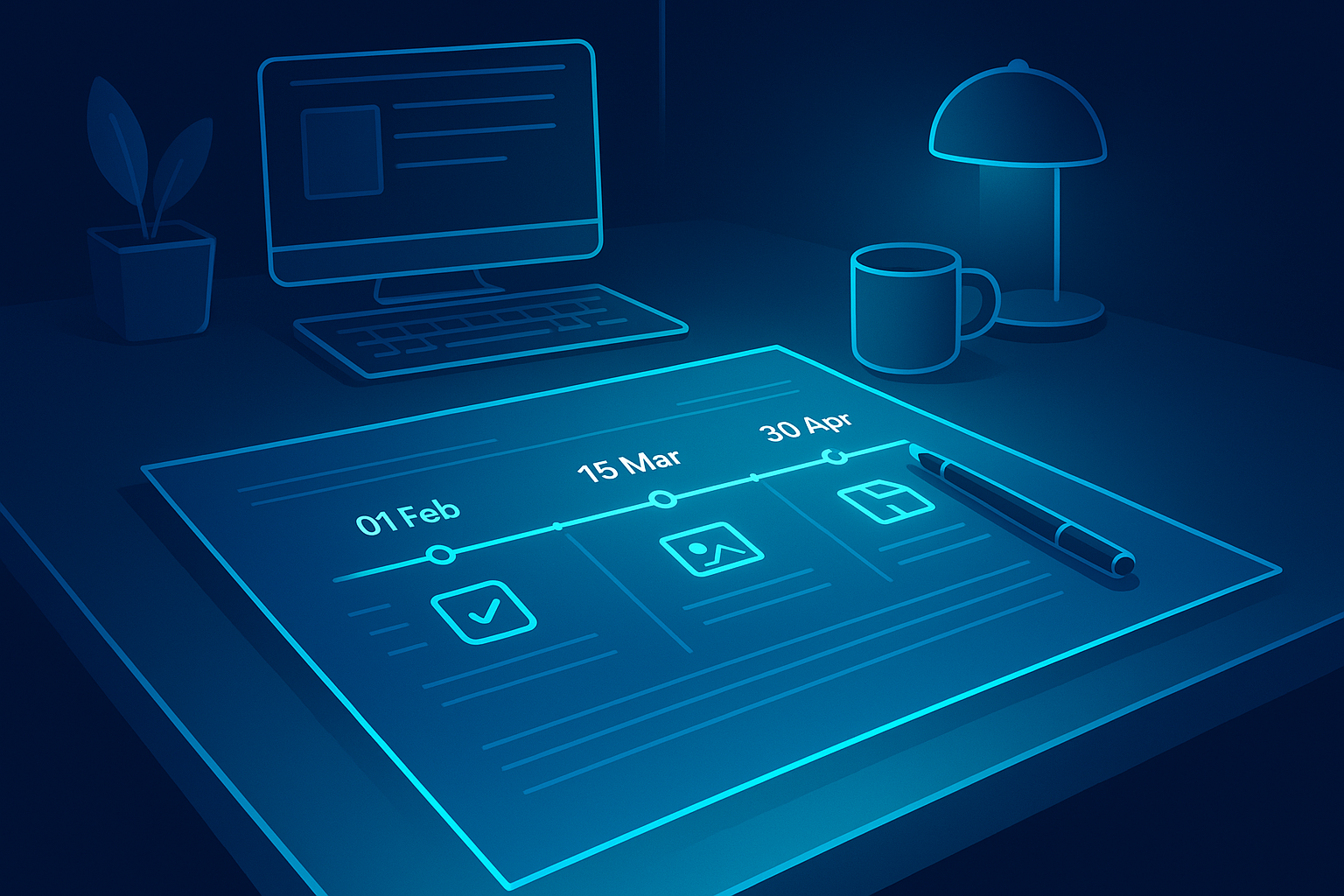 Modern workspace with digital blueprints, timeline chart, pen, and neon blue accents on dark background.