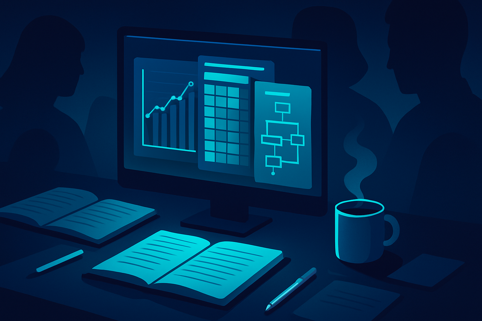 Modern workspace with digital dashboards, notebooks, coffee, and team silhouettes analyzing data.