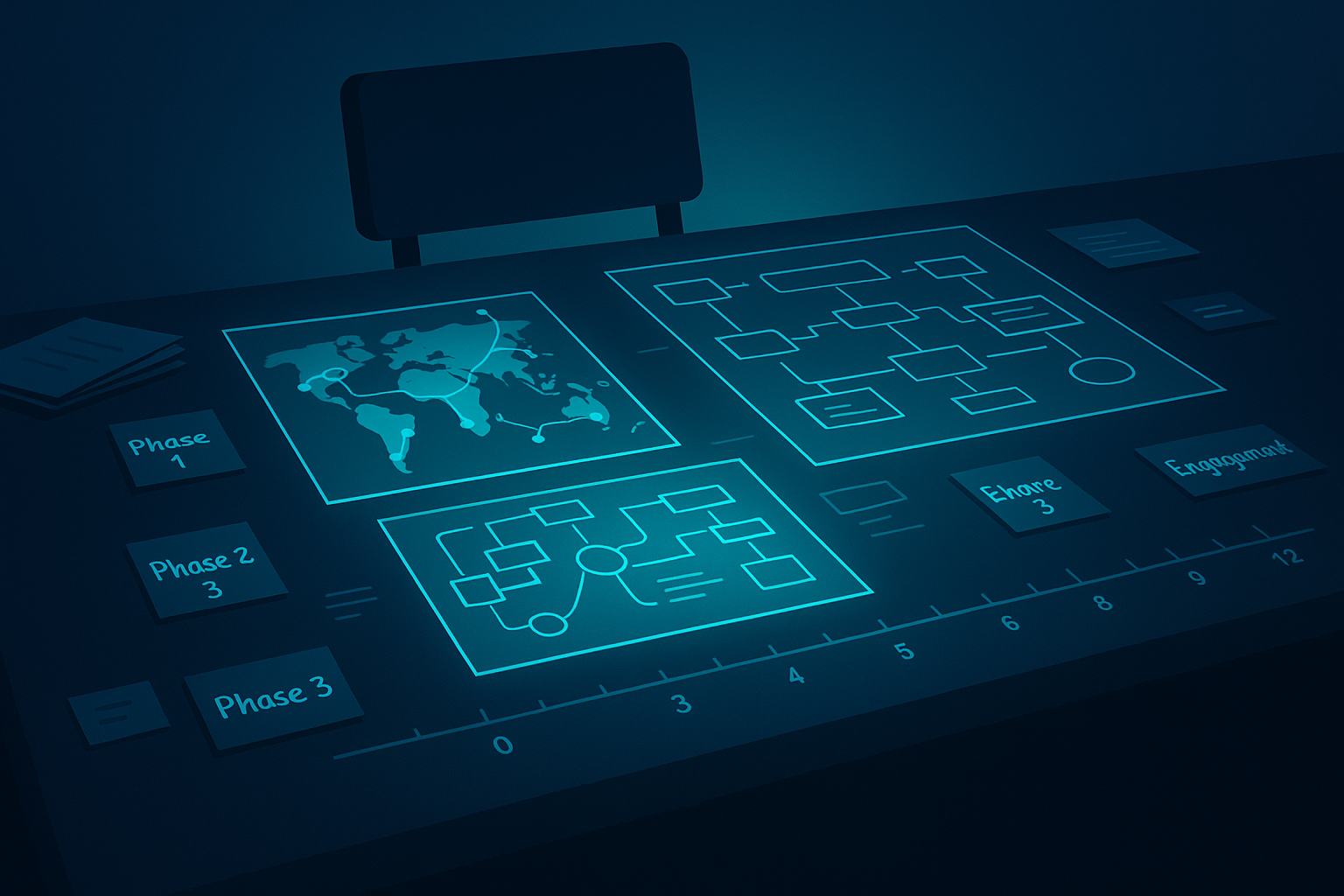 Modern workspace with digital maps, flowcharts, notes, and a timeline on a neon-lit dark blue background.