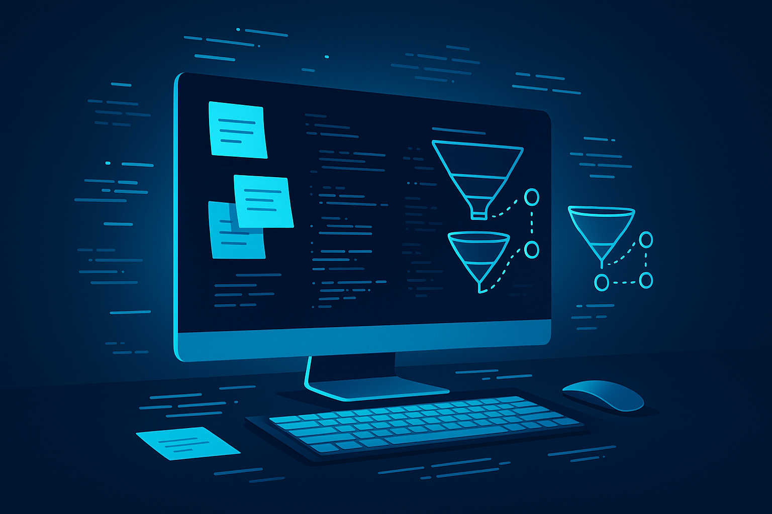 Modern workspace with digital notes, glowing scripts, funnel diagrams, and interconnected nodes in neon blue tones.