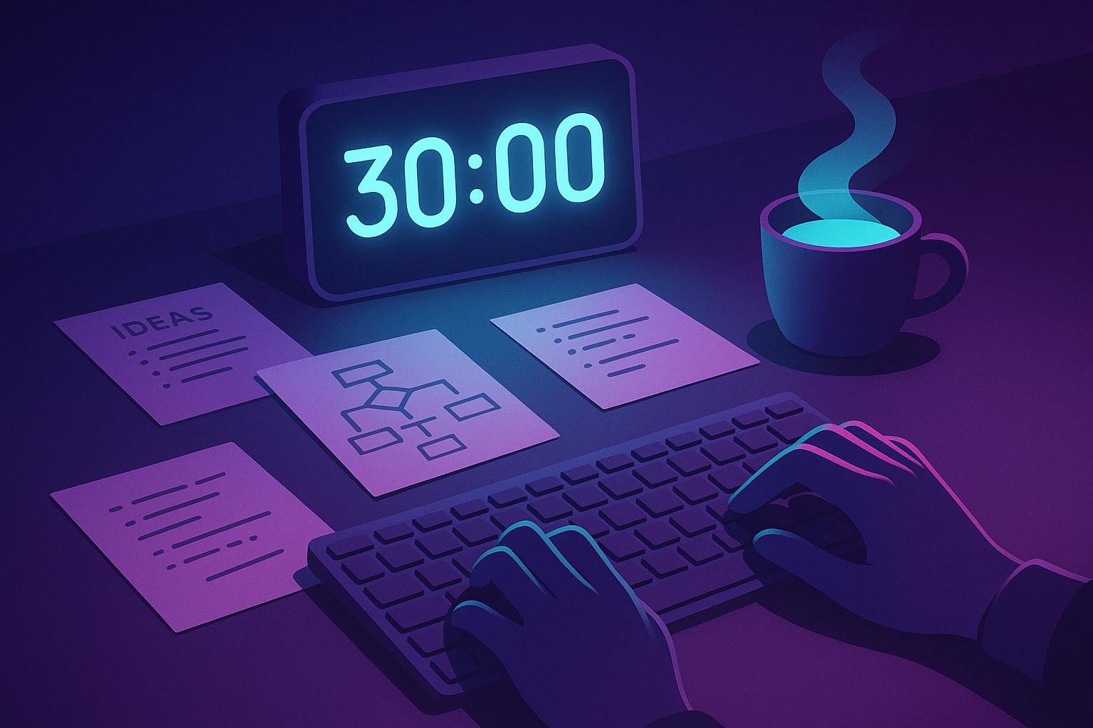 Modern workspace with digital timer, notes, keyboard, coffee, illuminated by neon blue glow.
