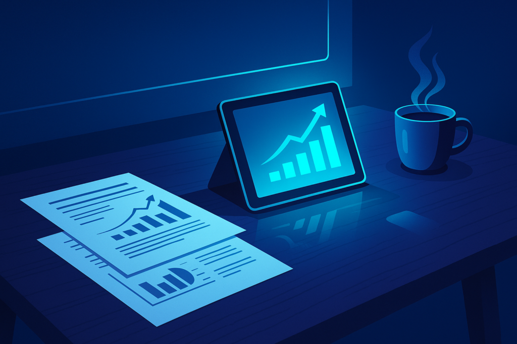 Modern workspace with financial reports, glowing tablet showing graphs, coffee cup, neon blue background.