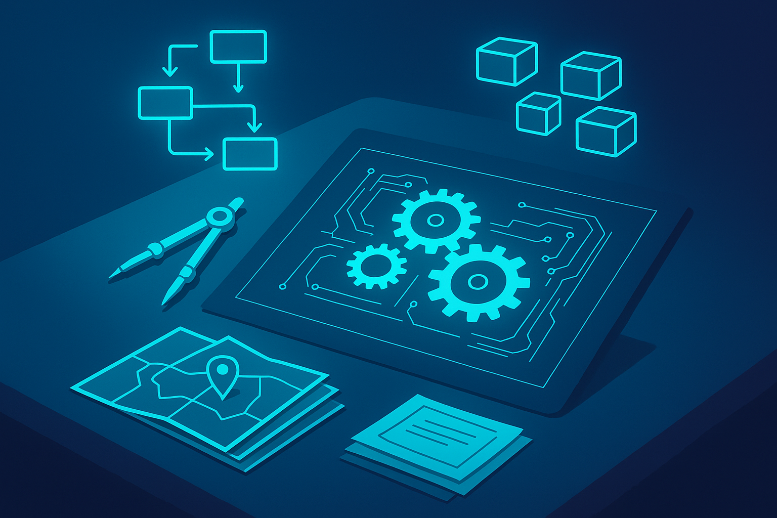 Modern workspace with glowing blueprints, maps, flowcharts, and automation symbols on dark background.