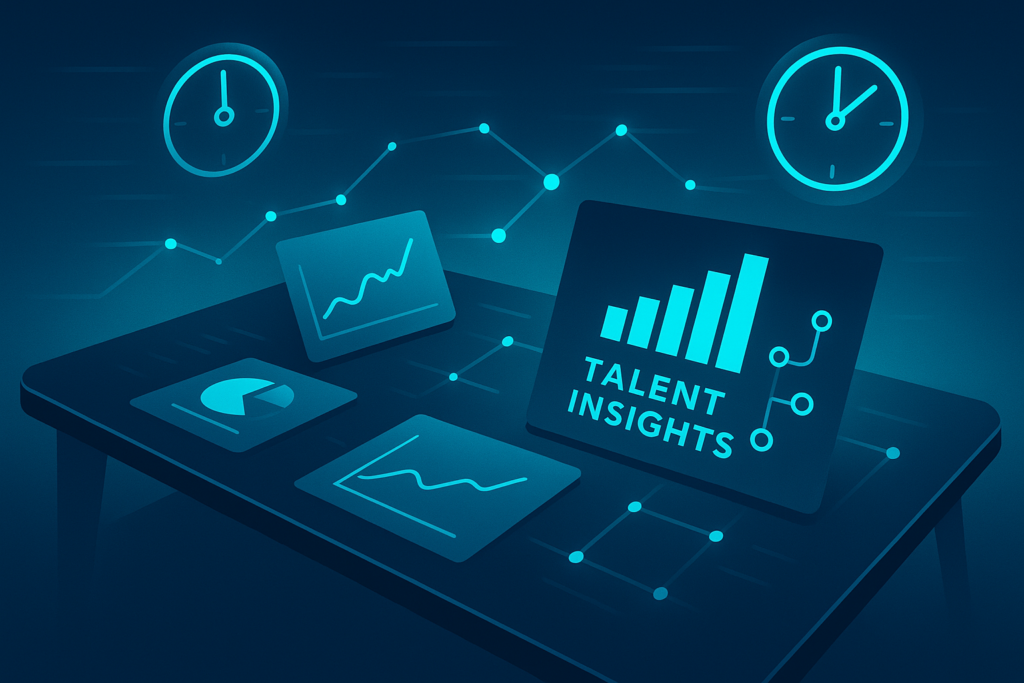Modern workspace with glowing data charts, interconnected nodes, holographic clock, in dark blue and cyan tones.
