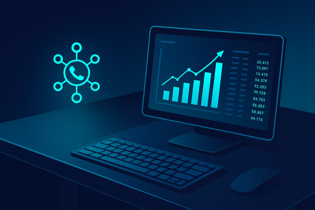 Modern workspace with glowing digital ledger, interconnected nodes, and neon-lit data streams.