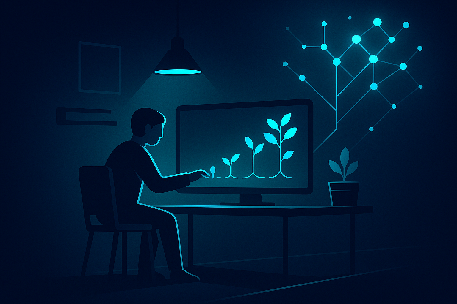 Modern workspace with glowing interconnected nodes, digital seedlings, and a focused figure tending growth.