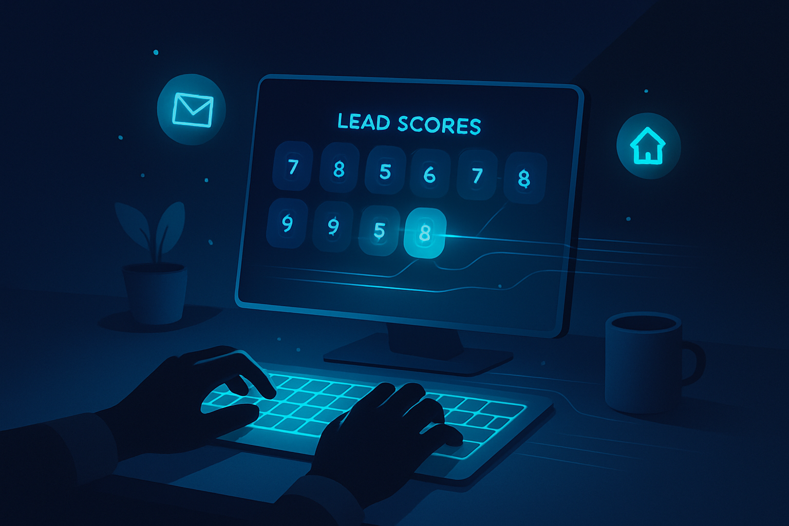 Modern workspace with hands typing on holographic keyboard, digital dashboard displaying lead scores and icons.