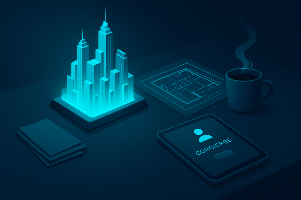 Modern workspace with holographic city model, blueprint, tablet, coffee, on dark neon-lit background.