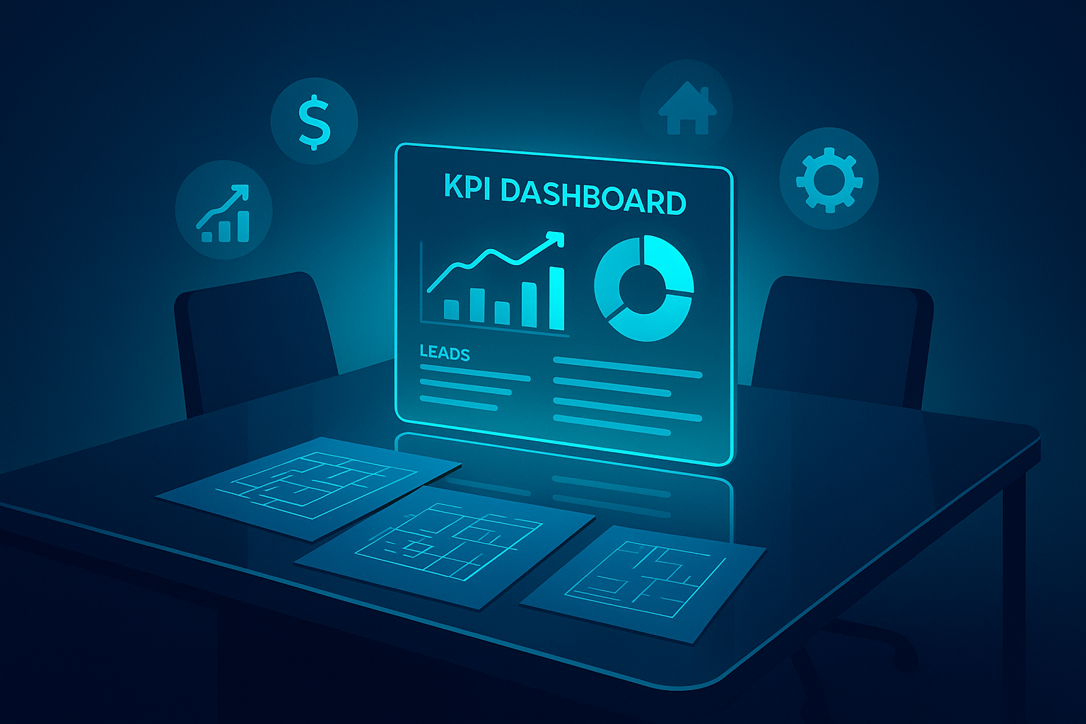 Modern workspace with holographic dashboard, digital blueprints, and floating efficiency icons.