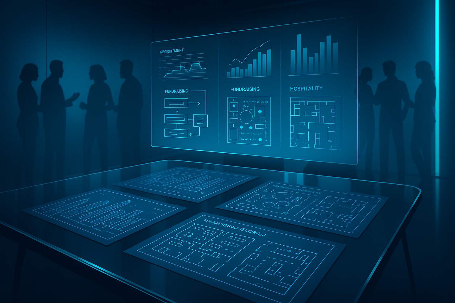 Modern workspace with holographic data, blueprints, and diverse professionals collaborating.