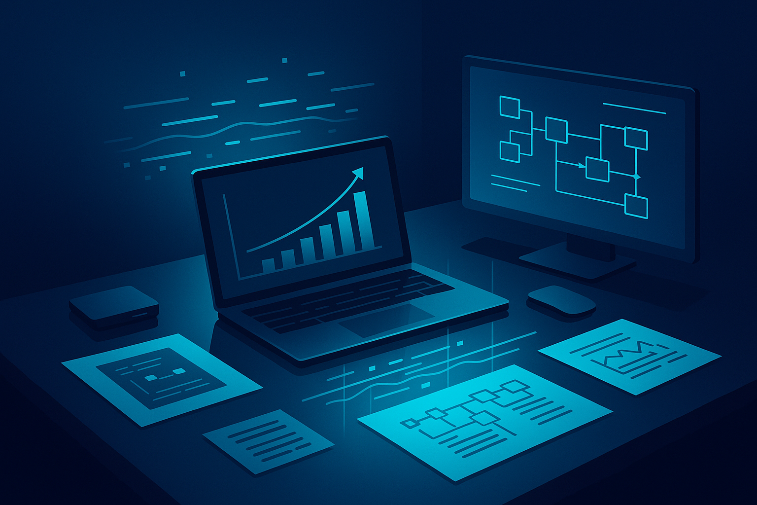 Modern workspace with holographic data streams, digital blueprints, and sleek tech devices in neon-lit environment.