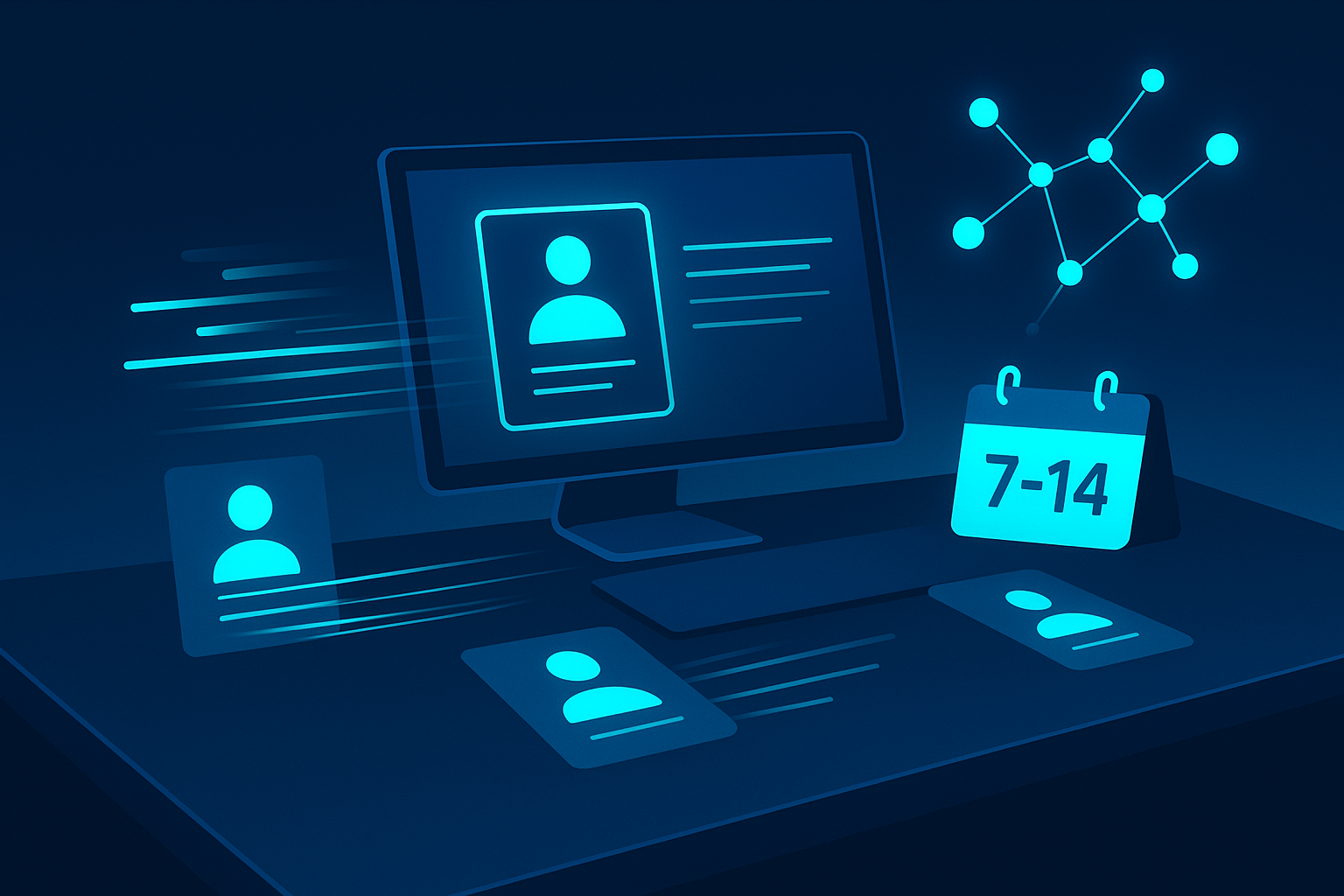 Modern workspace with holographic data streams, digital profiles, and interconnected nodes illustrating donor development.