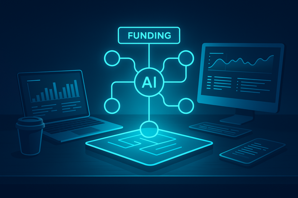 Modern workspace with holographic flowchart, digital devices, and neon blue glow.