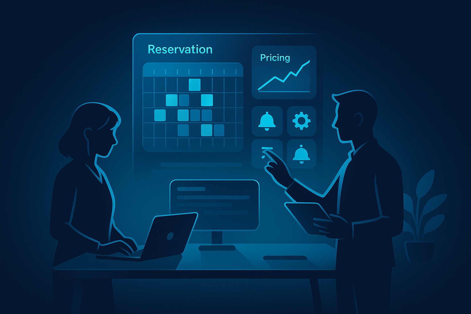 Modern workspace with holographic reservation, pricing, and service icons over dark desk, illuminated by neon blue and cyan.