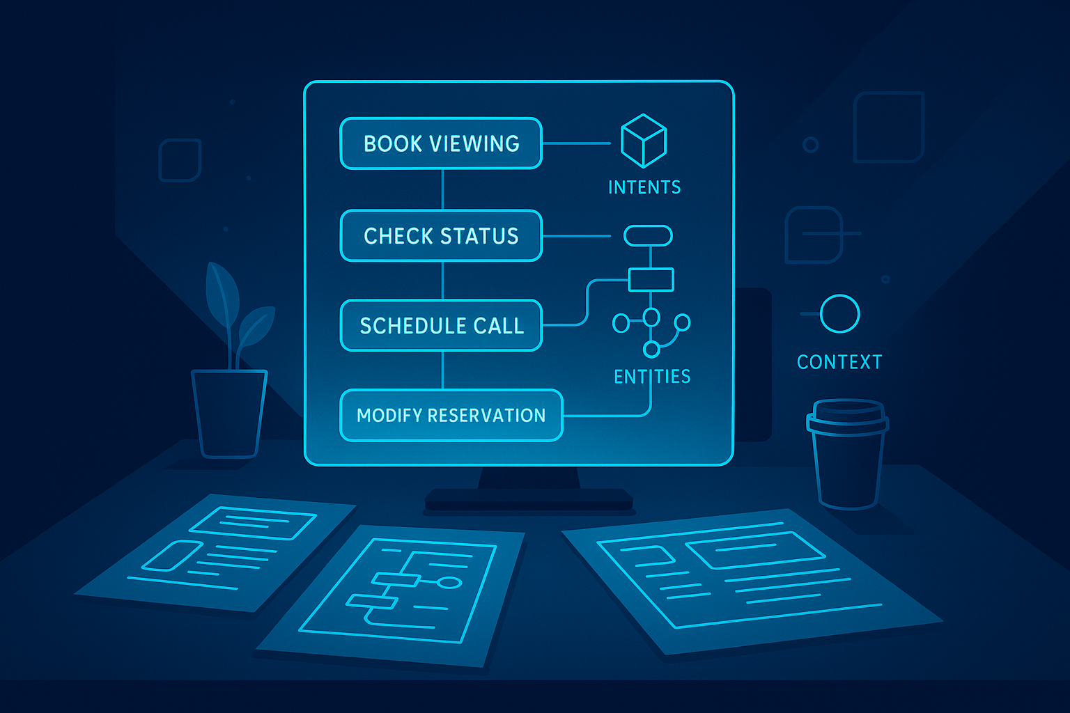 Modern workspace with holographic screens displaying keywords and icons in neon blue and cyan.