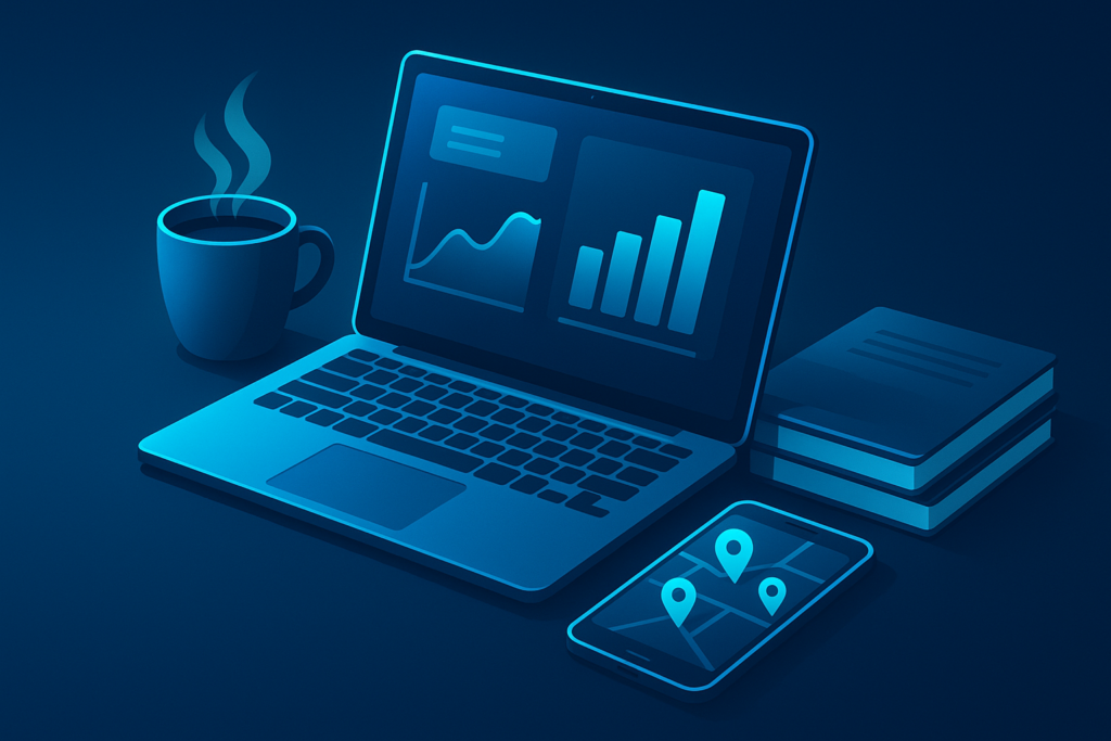 Modern workspace with laptop, coffee, notebooks, and smartphone displaying location pins.