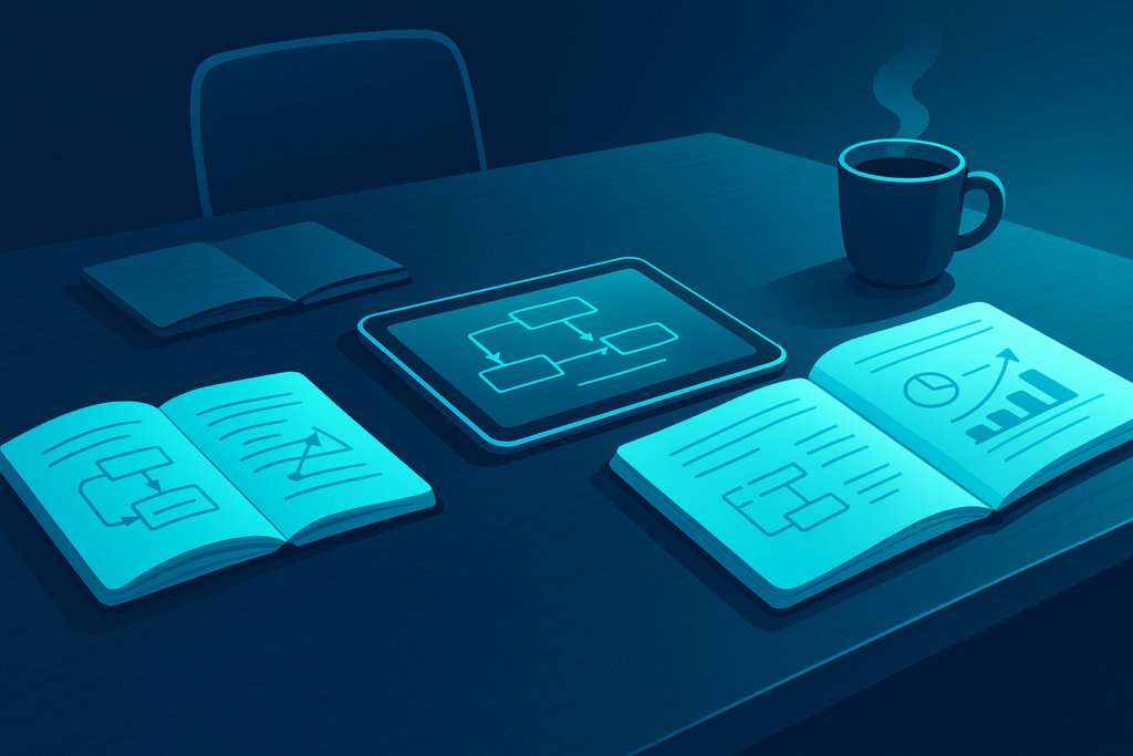 Modern workspace with notebooks, digital tablet, coffee, illuminated by neon cyan glow.