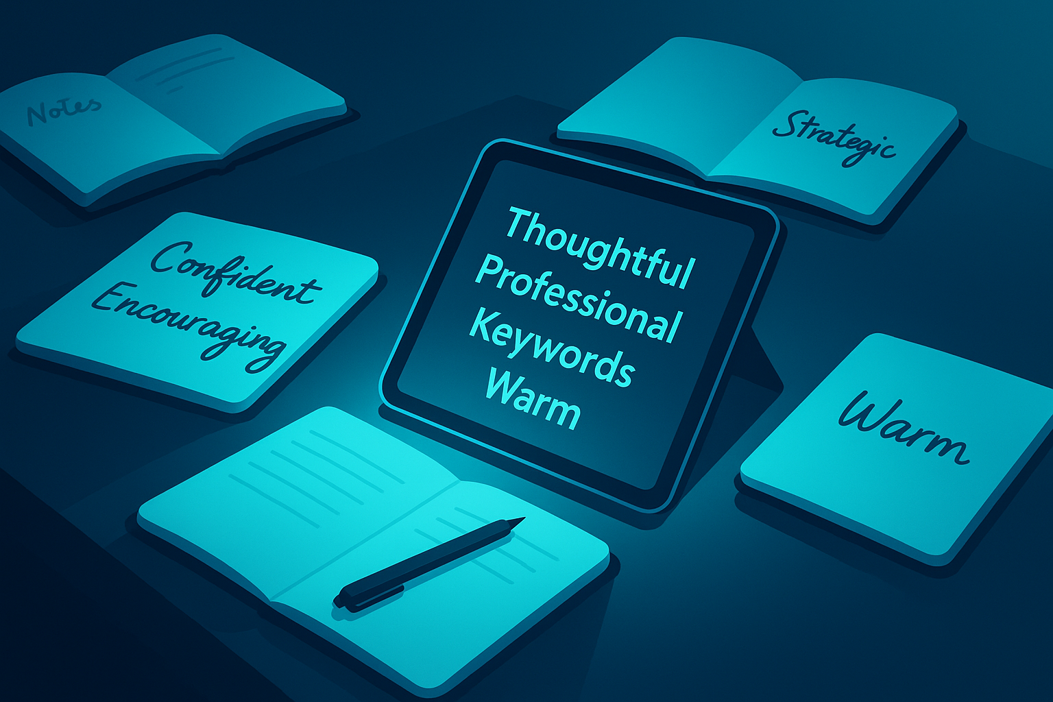 Modern workspace with notebooks, digital tablet, neon glow, and reflective, tech-inspired background.