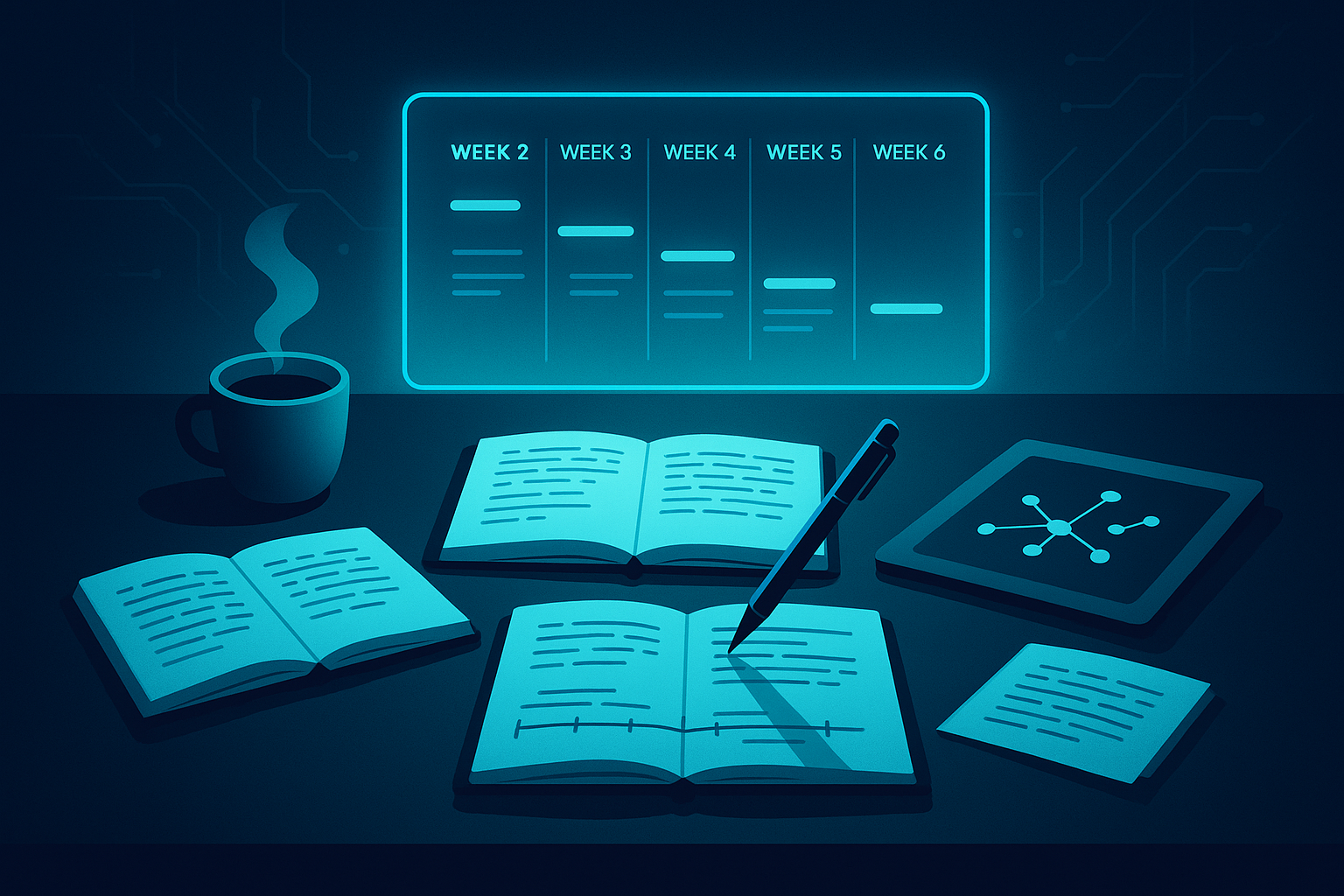 Modern workspace with notebooks, holographic calendar, tablet, coffee, and pen in neon-lit setting.